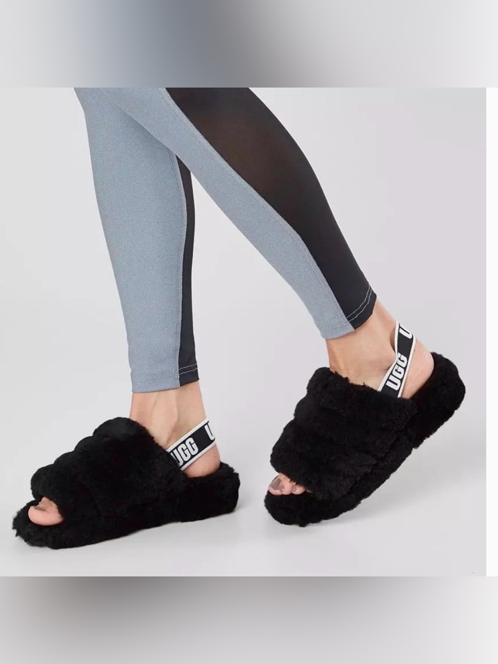 UGG Black Fluff Slide with Branded Elastic Strap